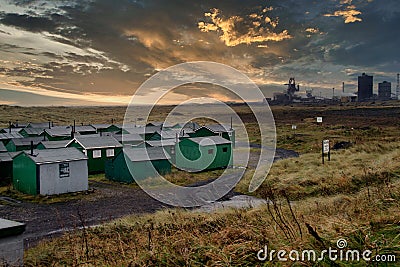 South Gare green fishermen`s huts. Redcar. Stock Photo