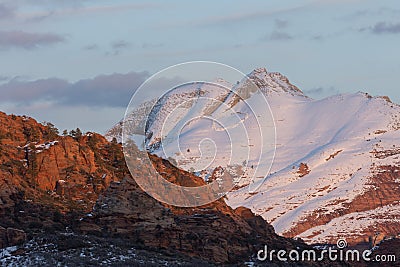 South Guardian Angel peak at sunset, seen from Kolob Terrace road, Utah Stock Photo