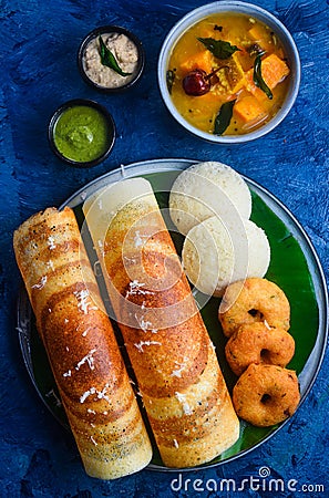 South Indian breakfast Idli dosa vada with chutney and sambhar Stock Photo