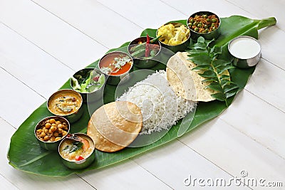 South indian meals served on banana leaf Stock Photo