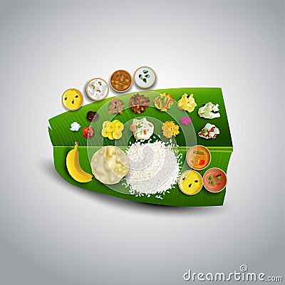 South Indian traditional wedding food served on banana leaf. Vector illustration design Vector Illustration