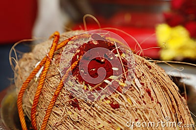 Closeup coconut with mangalsutra, South Indian wedding. Stock Photo