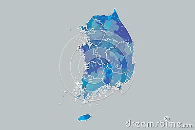 South Korea watercolor map vector illustration of blue color with border lines of different provinces on dark background Vector Illustration