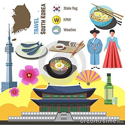 South Korea culture symbol set. Travel Seoul direction concept. Vector Illustration