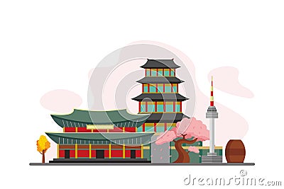 South korea Famous Landmarks Travel Flat Concept Vector Illustration Stock Photo