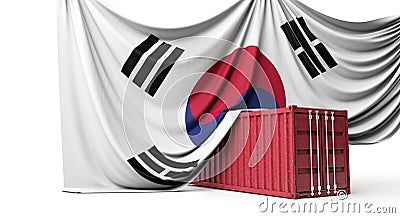 South Korea flag draped over a commercial shipping container. 3D Rendering Stock Photo