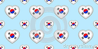 South Korea flag seamless pattern. Vector South Korean flags stickers. Love hearts symbols. Texture for language courses Vector Illustration