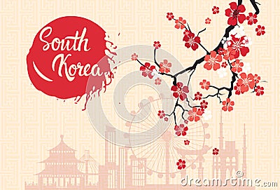 South Korea Landmarks Silhouette Decorated With Sakura Blossom Retro Seoul Poster Vector Illustration