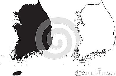 Map of South Korea. Set of two South Koreans Map. Black silhouette and black outline. Completely editable black and white EPS Vector Illustration