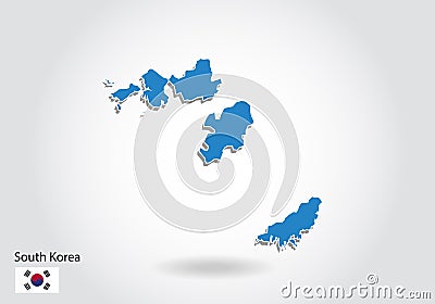 South Korea map design with 3D style. Blue South Korea map and National flag. Simple vector map with contour, shape, outline, on Vector Illustration