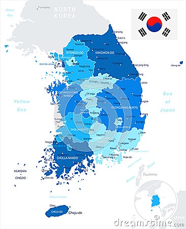 South Korea - map and flag - illustration Cartoon Illustration