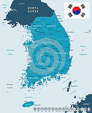 South Korea - map and flag - illustration Cartoon Illustration