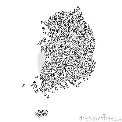 South Korea map from pattern of black latin alphabet scattered letters. Vector illustration Cartoon Illustration