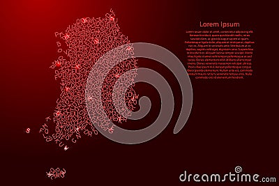 South Korea map from red pattern latin alphabet scattered letters and glowing space stars grid. Vector illustration Cartoon Illustration