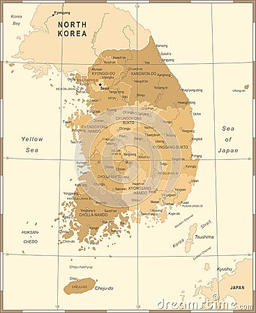 South Korea Map - Vintage Vector Illustration Stock Photo