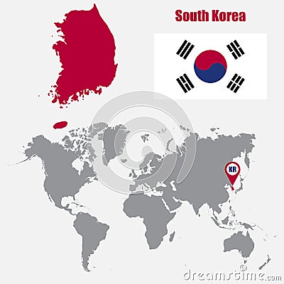 South Korea map on a world map with flag and map pointer. Vector illustration Cartoon Illustration