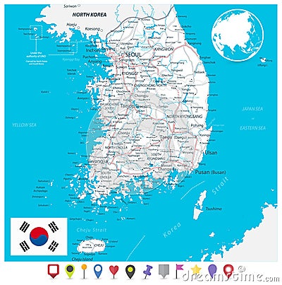 South Korea Road Map and Flat Pin Icons Vector Illustration