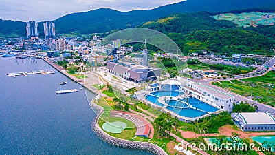 Aerial of Geoje Shipbuilding Marine Cultural Center located in Geoje city of South Korea. Editorial Stock Photo