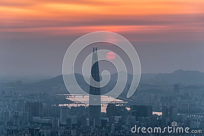 South Korea skyline of Seoul, The best view of South Korea with Lotte world mall at Namhansanseong Fortress Editorial Stock Photo