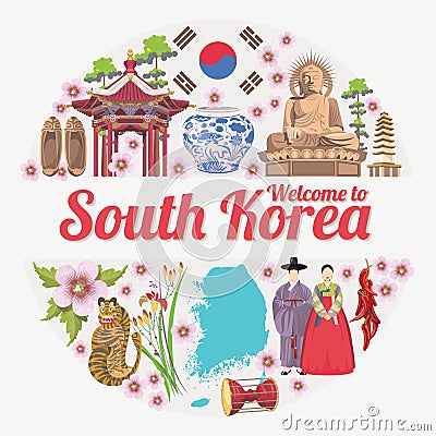 South Korea travel poster in circle. Korea Journey banner with korean objects Vector Illustration