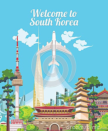 South Korea travel poster with korean city. Korea Journey banner with korean objects Vector Illustration