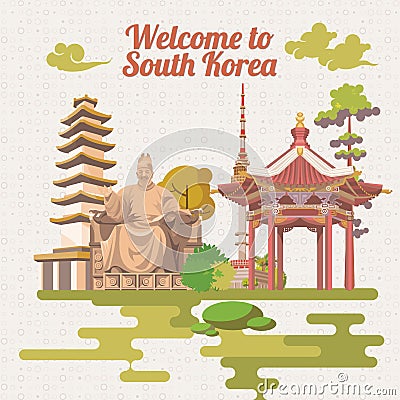 South Korea travel poster in retro style. Korea Journey banner with korean objects Vector Illustration