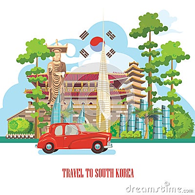 South Korea travel vector banner with pagodas, red car and traditional signs. Korea Journey card with korean objects Vector Illustration