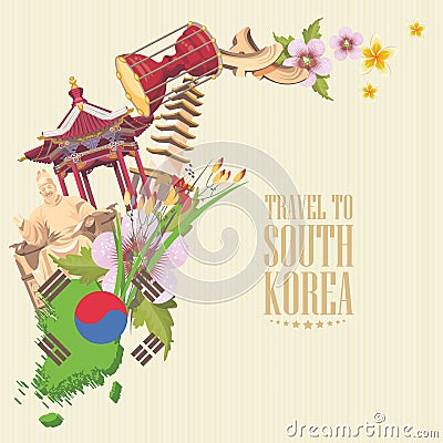 South Korea travel vector poster with pagodas, tradition clothes and signs. Korea Journey card with korean objects Vector Illustration