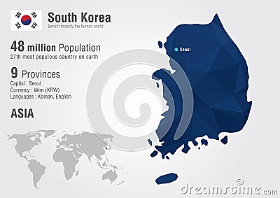 South Korea world map with a pixel diamond texture. Vector Illustration