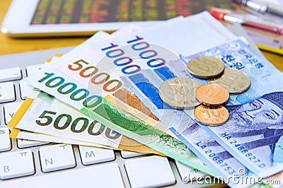 South Korean won currency and finance business. Stock Photo