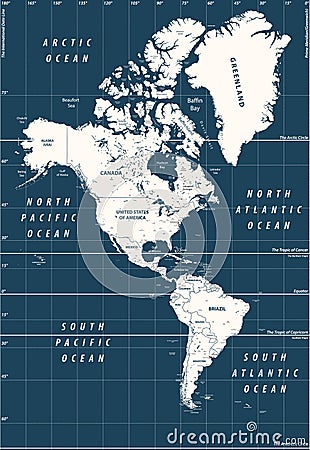 South and North America high detailed vector political map Vector Illustration