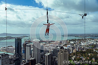 Bungee Jumper off the Sky Tower Auckland, New Zealand Editorial Stock Photo