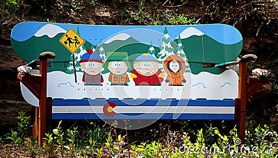 South Park cartoon themed bench made of snow boards. Editorial Stock Photo