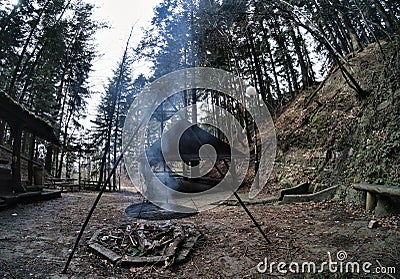 South Poland: Barbecue location in the middle of the forest surrounded with tall trees. Wilderness wide angle view of smoke coming Stock Photo