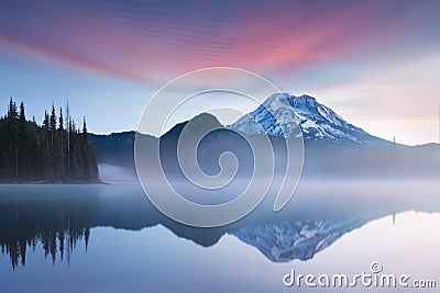 South Sister and Broken Top reflect over the calm waters of Sparks Lake at sunrise in the Cascades Range in Central Oregon, USA in Stock Photo