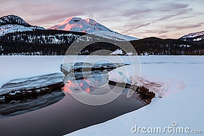 South Sister Reflected in Soda Creek at Sunrise, Deschutes National Forest, Oregon Stock Photo