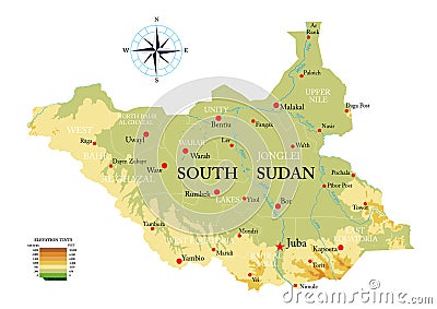 South Sudan highly detailed physical map Vector Illustration