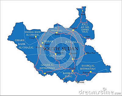 South Sudan highly detailed political map Vector Illustration