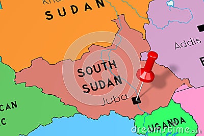 South Sudan, Juba - capital city, pinned on political map Cartoon Illustration