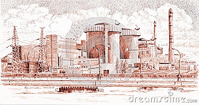 South ukrainian nuclear power plant in the morning time with clouds over pond behind bridge. Hand drawn china ink on paper Stock Photo