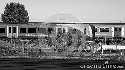 South Western Railway train in London, black and white Editorial Stock Photo