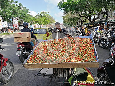 Southeast Asia Vietnam Central Hue City Local Fresh Fruit Market Vietnamese Strawberry Strawberries berries Farmers Bargain Trade Editorial Stock Photo