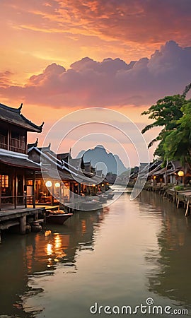 Southeast Asian Ancient Town Beside River At Sunset. Generative AI Stock Photo
