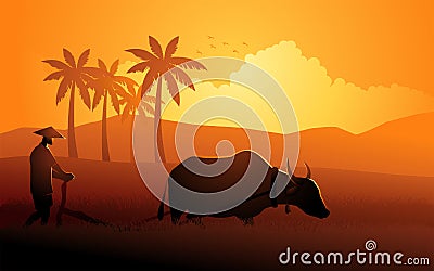 Southeast Asian farmer plowing paddy field using water buffalo Vector Illustration