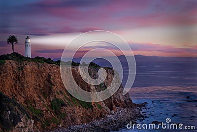 Southern California Lighthouse at sunset. Stock Photo