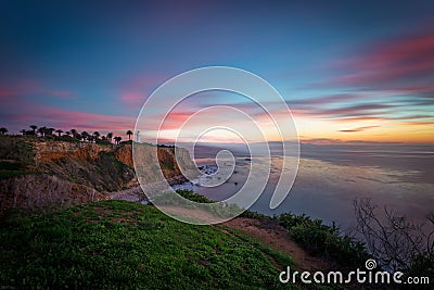 Southern California Lighthouse at sunset. Stock Photo