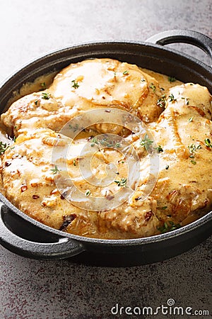 Southern classic comfort food, crispy coated pork chops smothered in a rich onion gravy closeup on the pan. Vertical Stock Photo