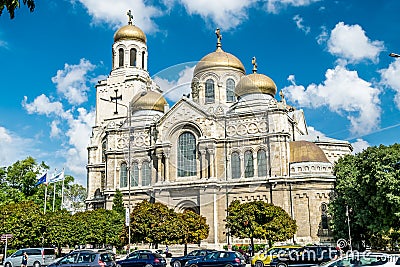 Southern facade of Dormition of the Mother of God Cathedral in Varna, Bulgaria Editorial Stock Photo