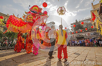Southern Lion Dance at Eye Opening ceremony, Lady Thien Hau pagoda, Vietnam Editorial Stock Photo