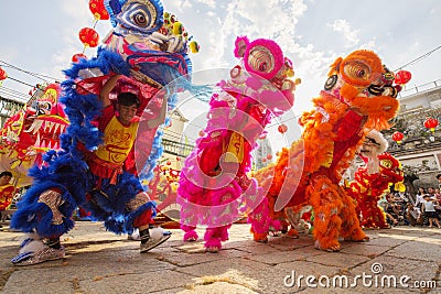 Southern Lion Dance at Eye Opening ceremony, Lady Thien Hau pagoda, Vietnam Editorial Stock Photo